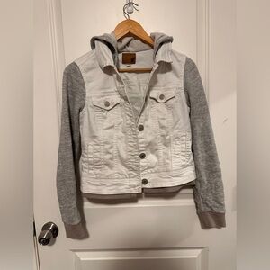 Jean jacket with sweater sleeves and hoodie